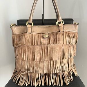 Tory Burch Suede Fringed Tan Leather Large Tote Bag